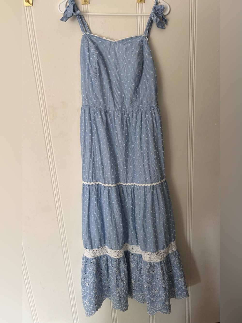 Beautiful Blue and White summer Dress with Smocking and eyelet detail